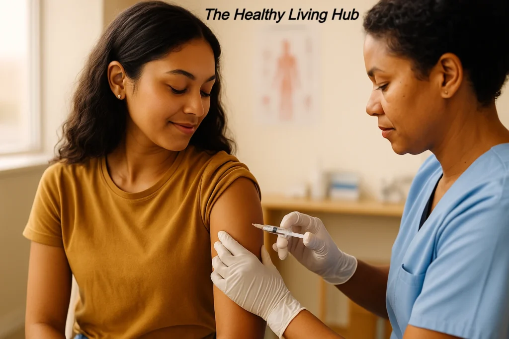 Young adult receiving HPV vaccination at a clinic to prevent HPV Vaccine Cervical Cancer risk