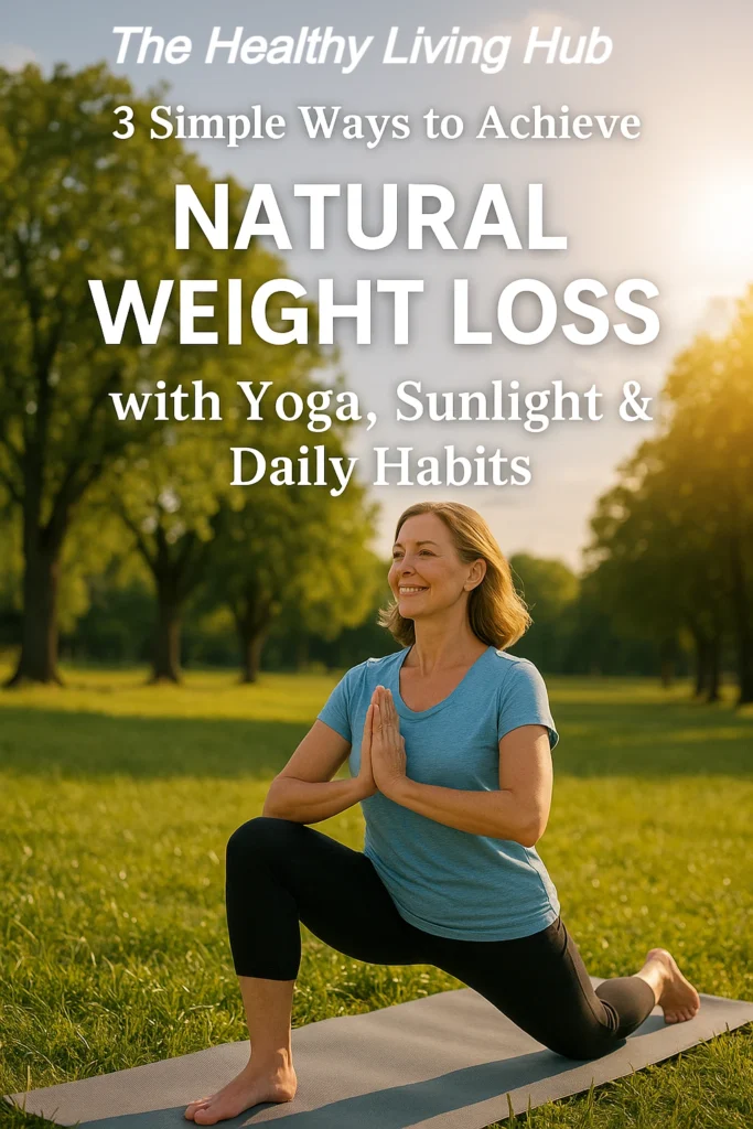 Woman doing Vrikshasana (Tree Pose) yoga outdoors, illustrating natural weight loss and healthy habits.