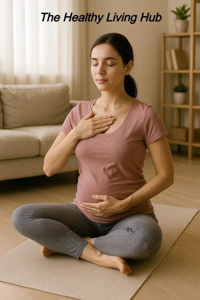 Postpartum Yoga Recovery – new mom doing gentle breath-led yoga at home